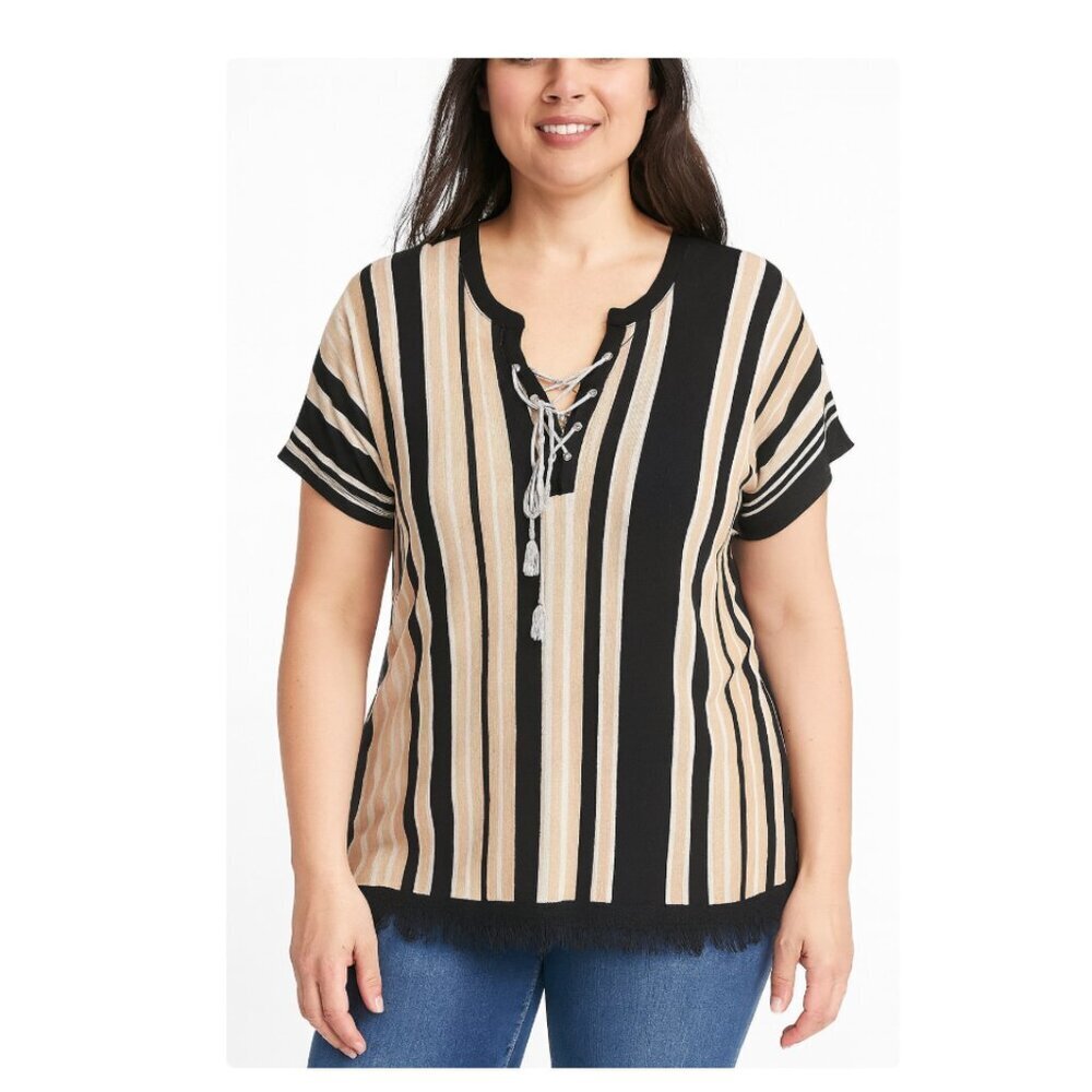Lisa Todd Striped Fringe Short Sleeve Sweater Size Medium EUC